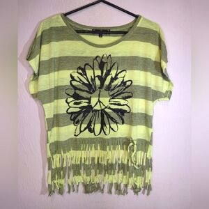 Almost Famous Yellow And gray Peace flower Beachy Fringed Bottom Crop Top Size L